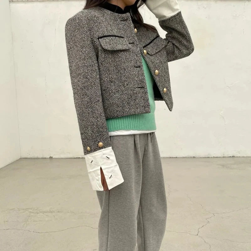 Metal Button Stand Collar Jacket