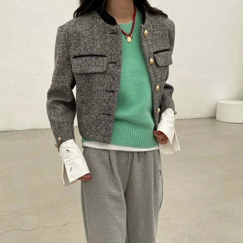 Metal Button Stand Collar Jacket