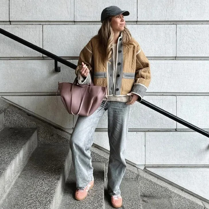 Color Block Round Neck Short Coat