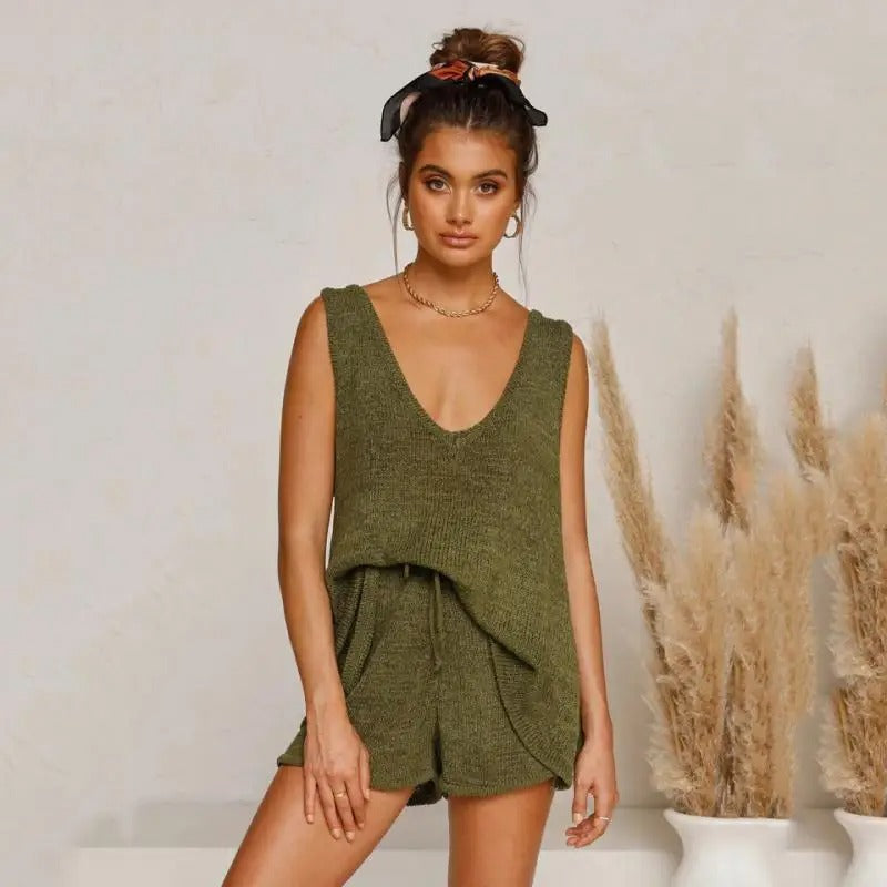 Knit Vest Sleeveless Short Sets