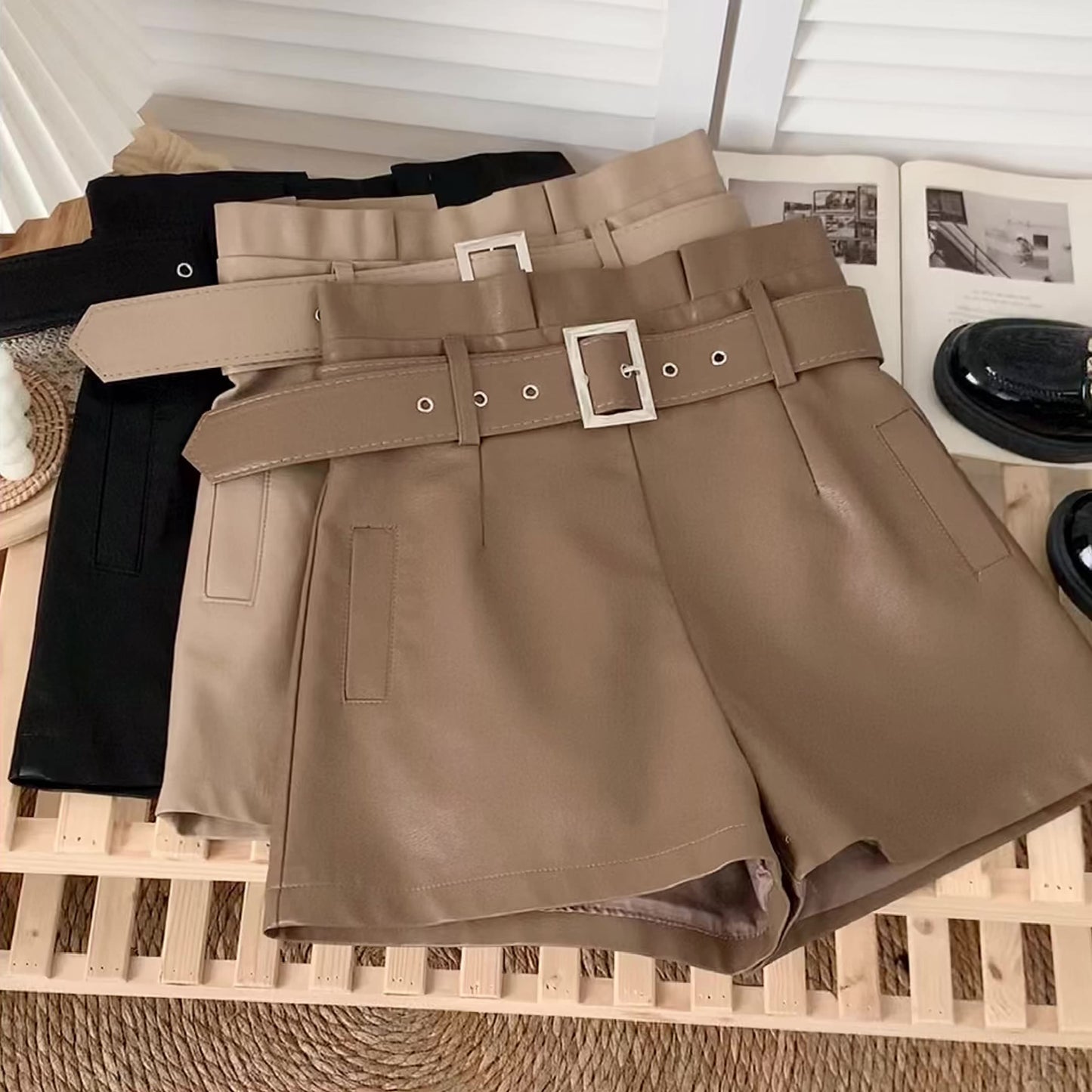 High Waist Wide Leg Leather Shorts
