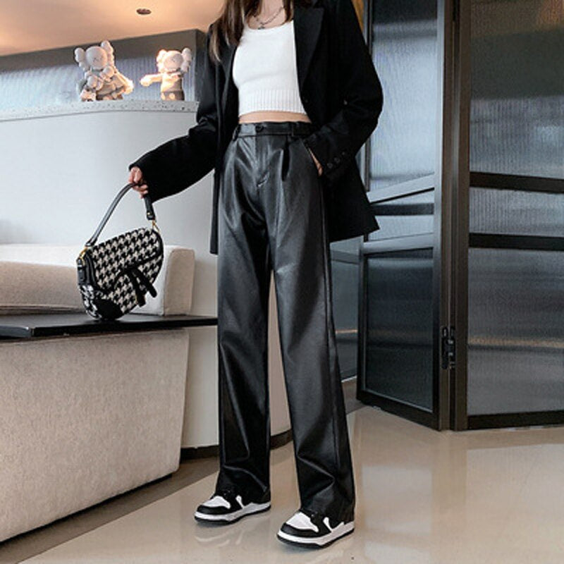 High Waist Straight Leg Leather Pants