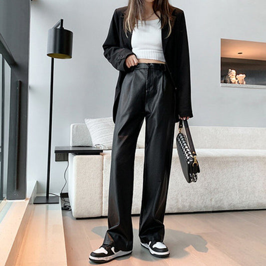 High Waist Straight Leg Leather Pants