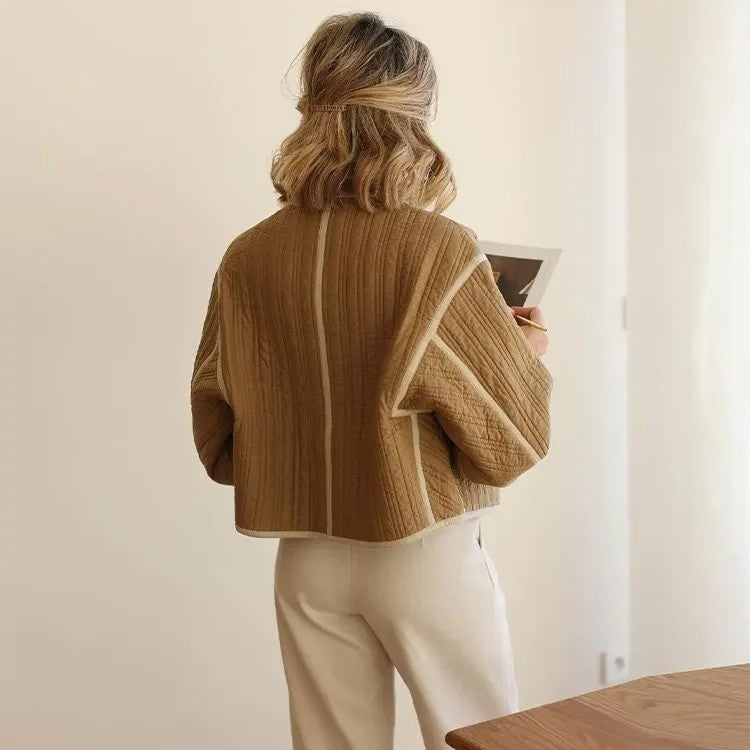 Color Block Round Neck Short Coat