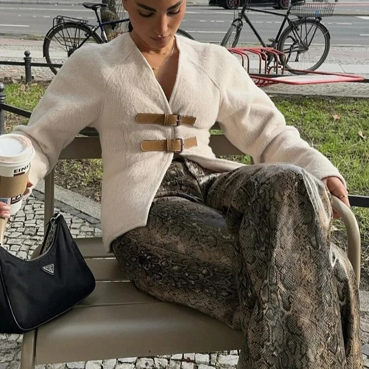 Leather Buckle Woolen Jacket