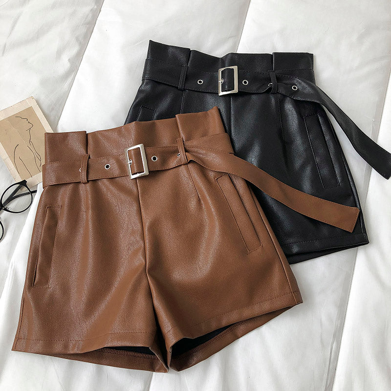 High Waist Wide Leg Leather Shorts