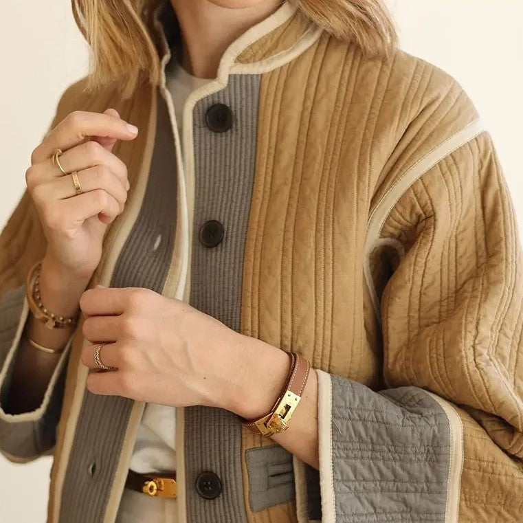Color Block Round Neck Short Coat