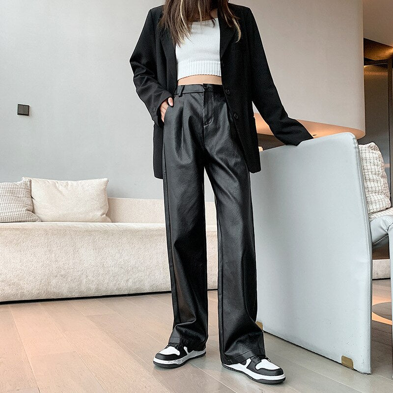 High Waist Straight Leg Leather Pants
