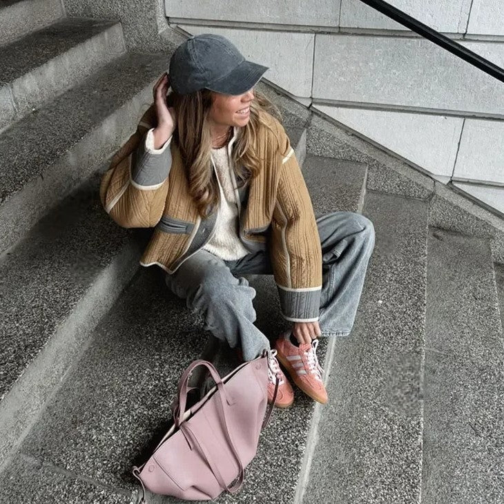 Color Block Round Neck Short Coat