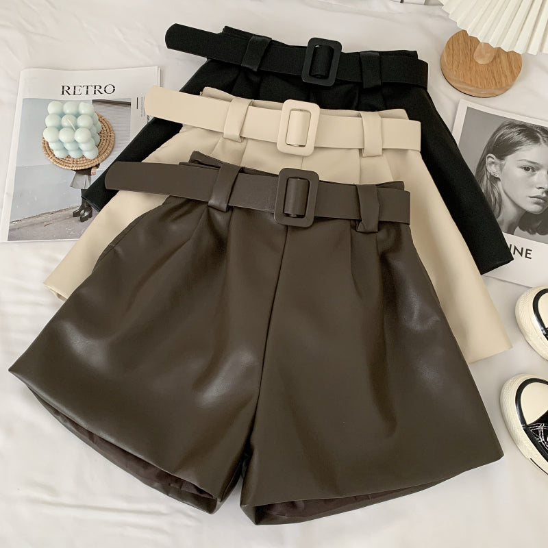 High Waist Wide Leg Leather Shorts
