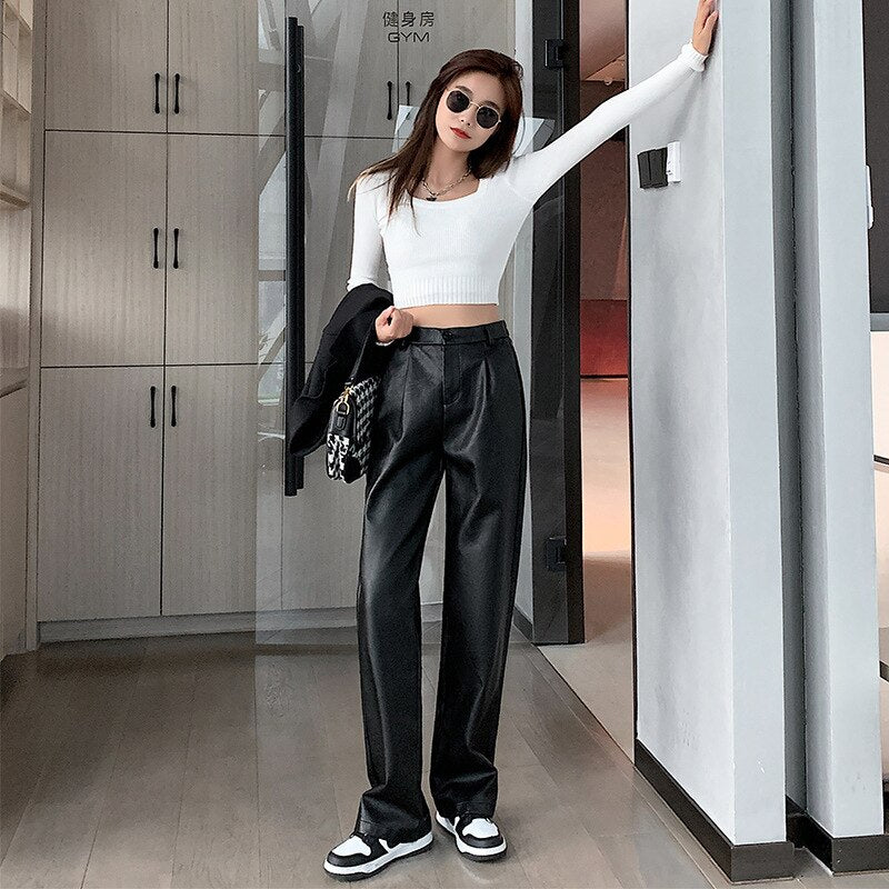 High Waist Straight Leg Leather Pants